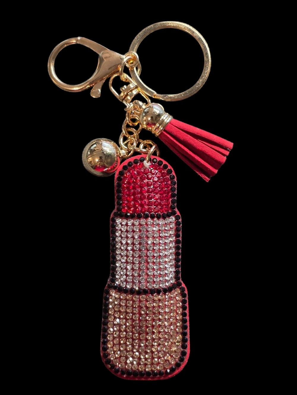 Gold-Tone Red Lipstick Crystal Bag Charm Keychain with Tassel